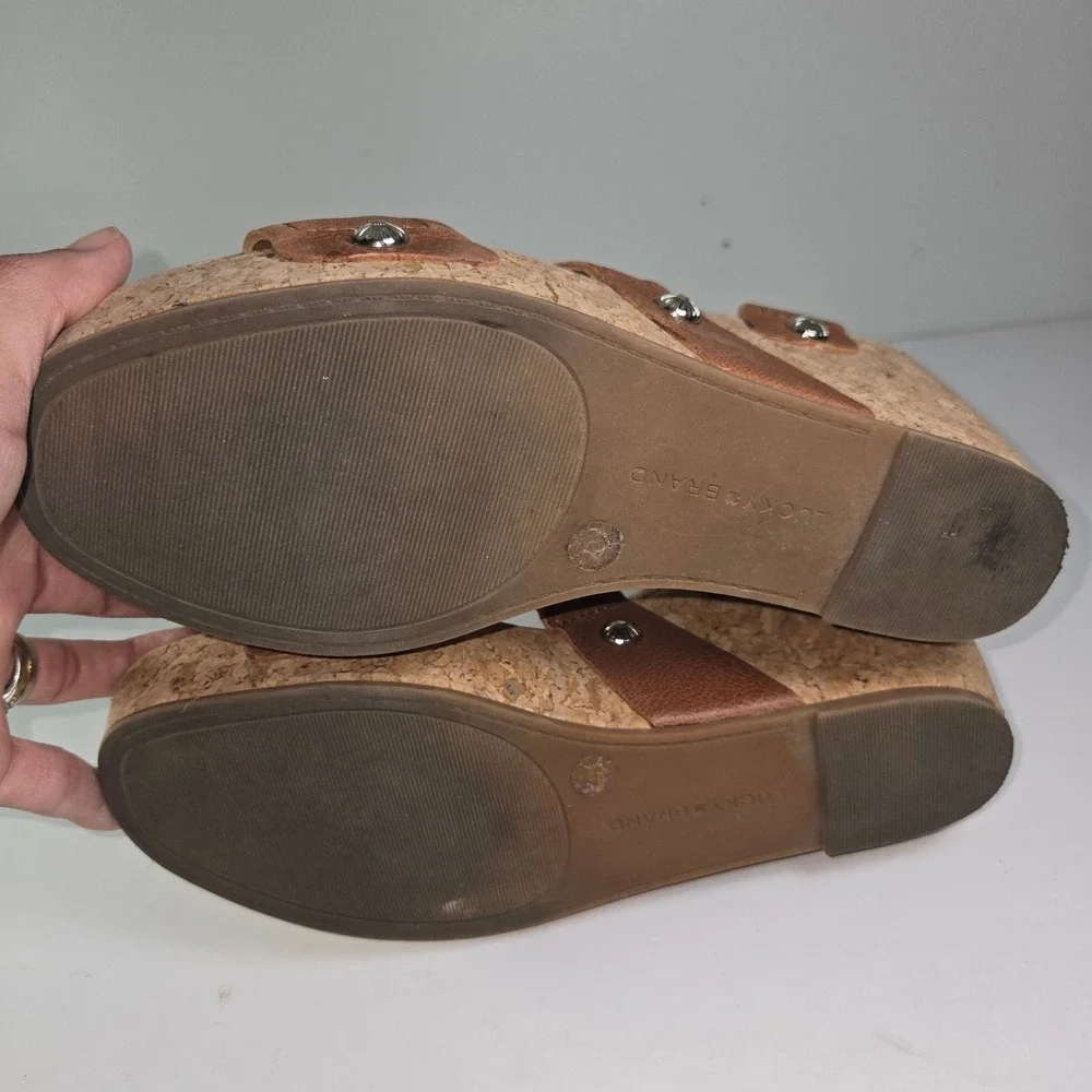Lucky Brand Valintina Cork Wedge Sandals Brown Leather Ankle Strap Women's 8.5‎